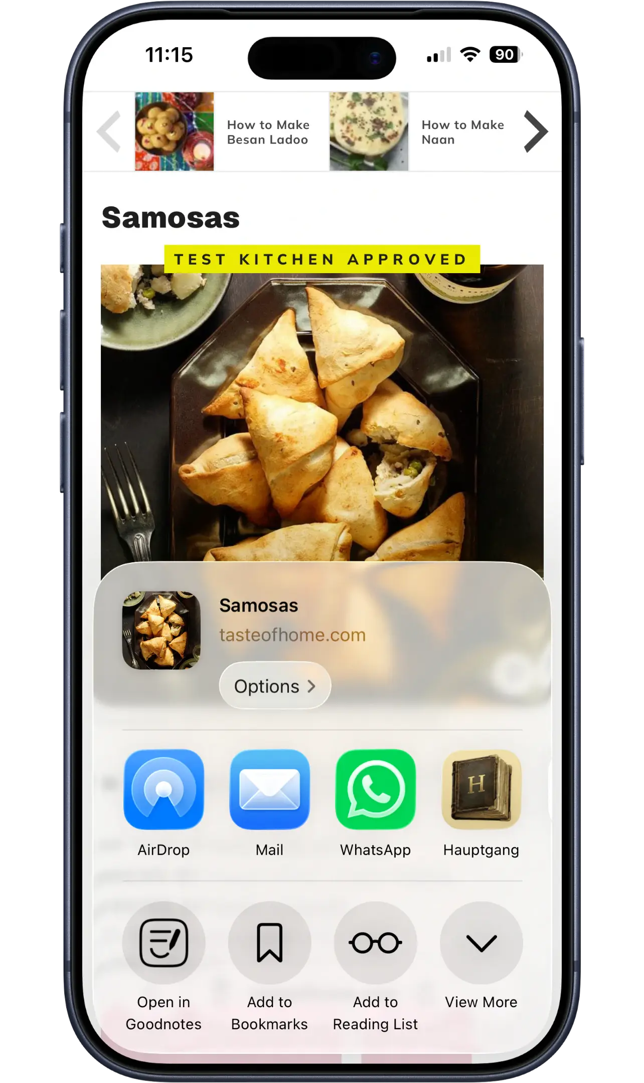 MainCourse importing a recipe from a website via the iOS share sheet