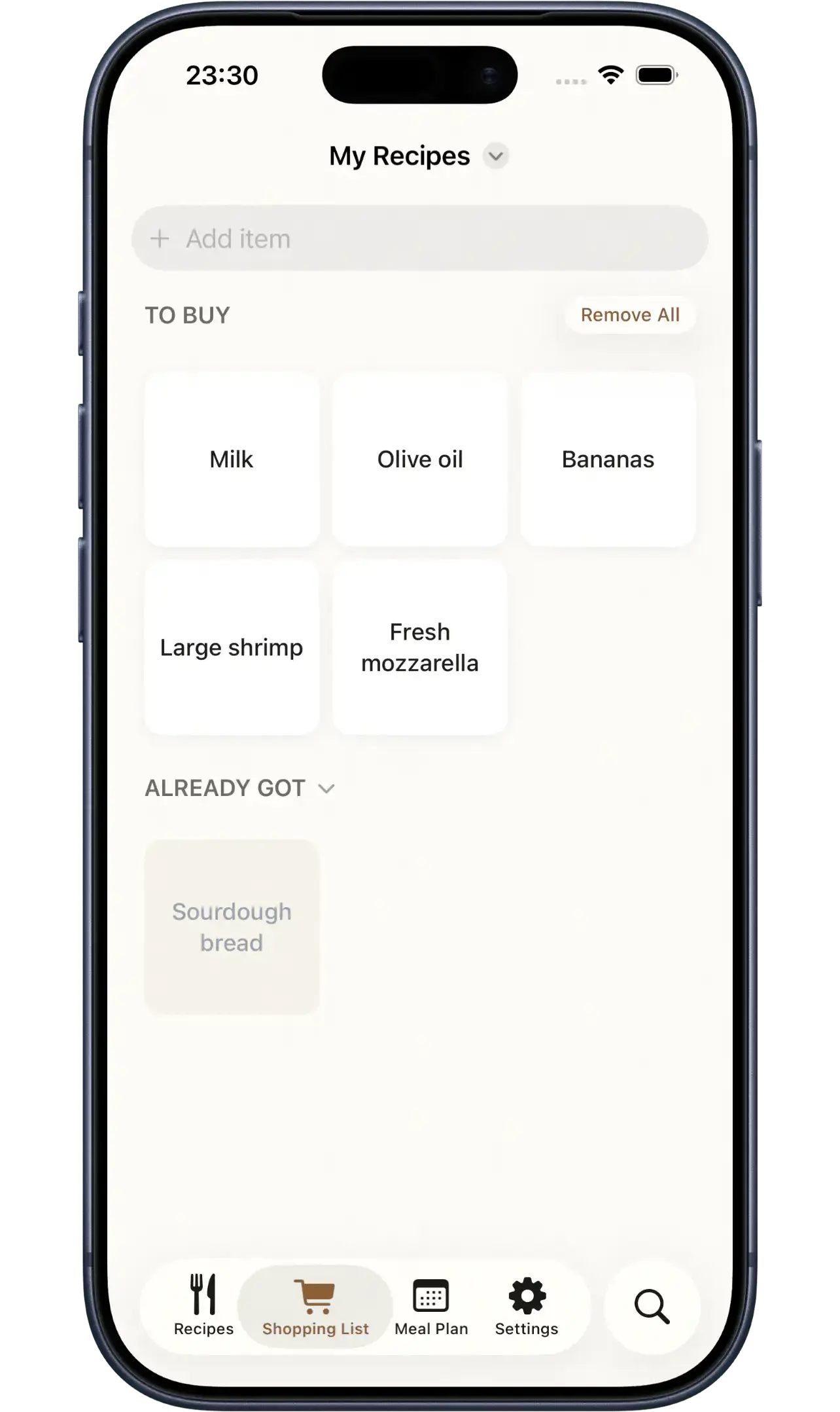 MainCourse shopping list grouped by aisle